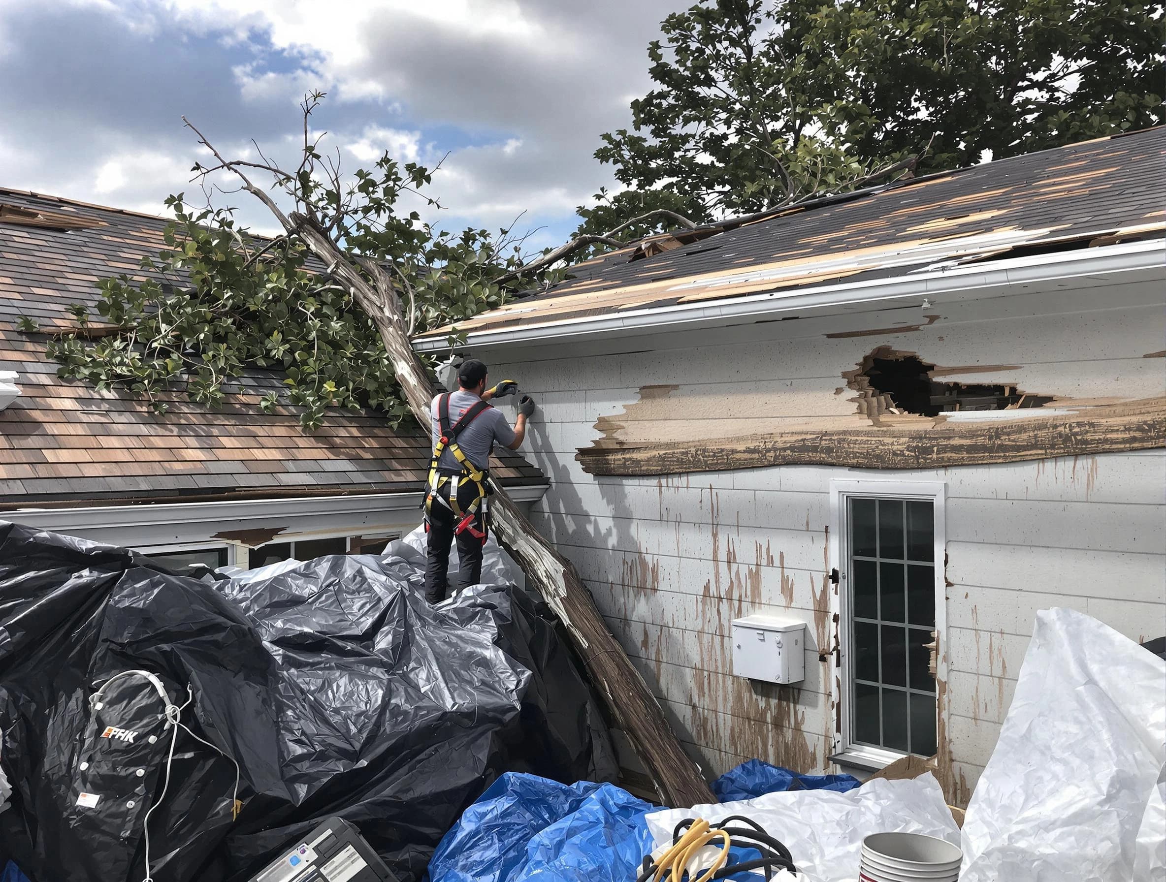 Elyria Roofing Company technicians handling urgent roof damage in Elyria, OH