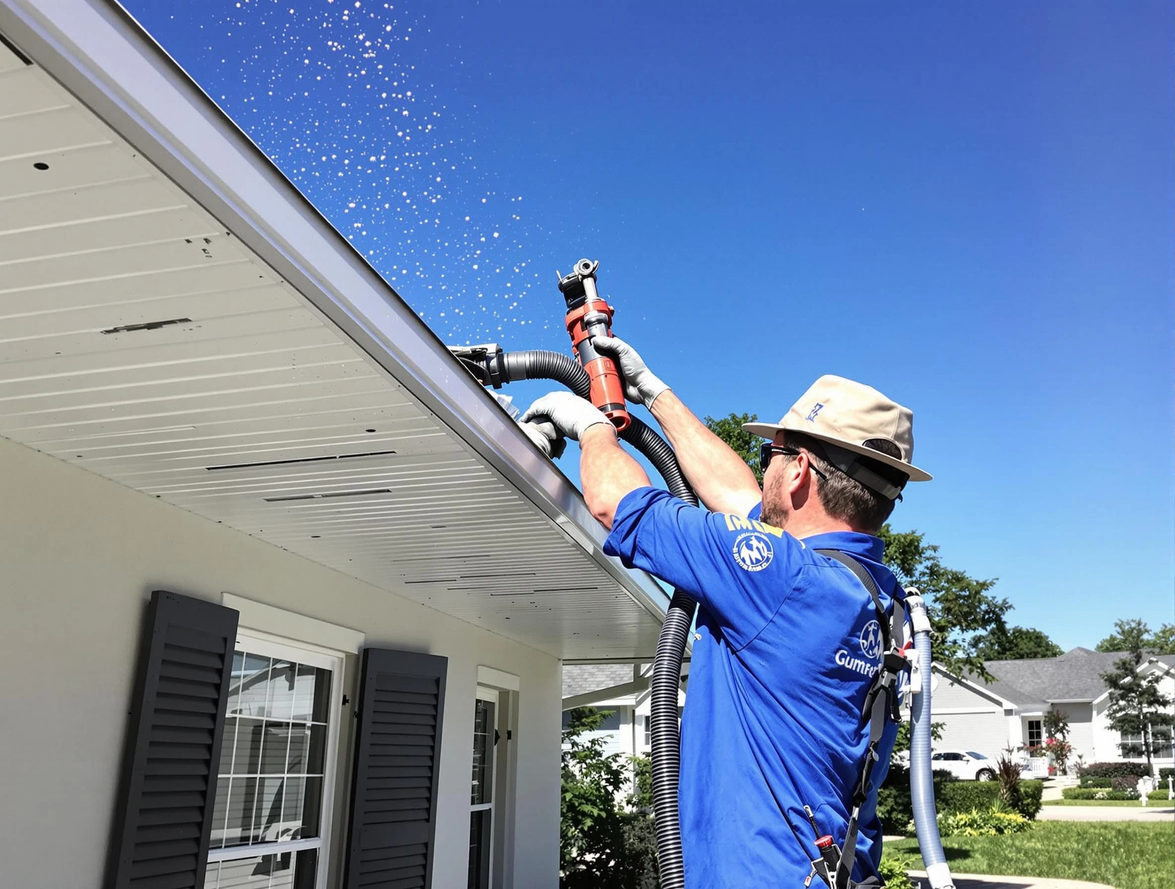 Technician completing a gutter cleaning project by Elyria Roofing Company in Elyria, OH