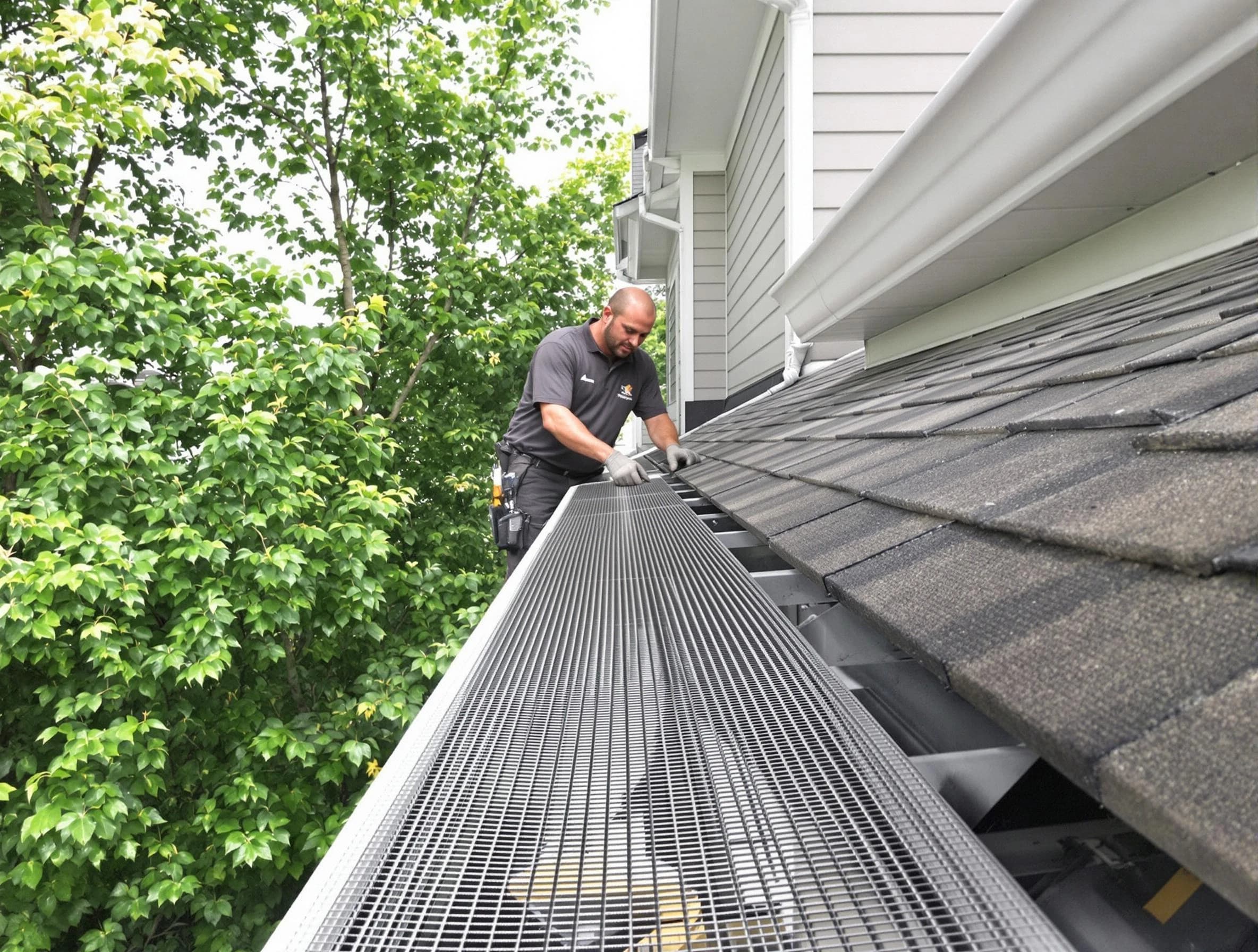 Close-up of gutter guards installed by Elyria Roofing Company in Elyria, OH