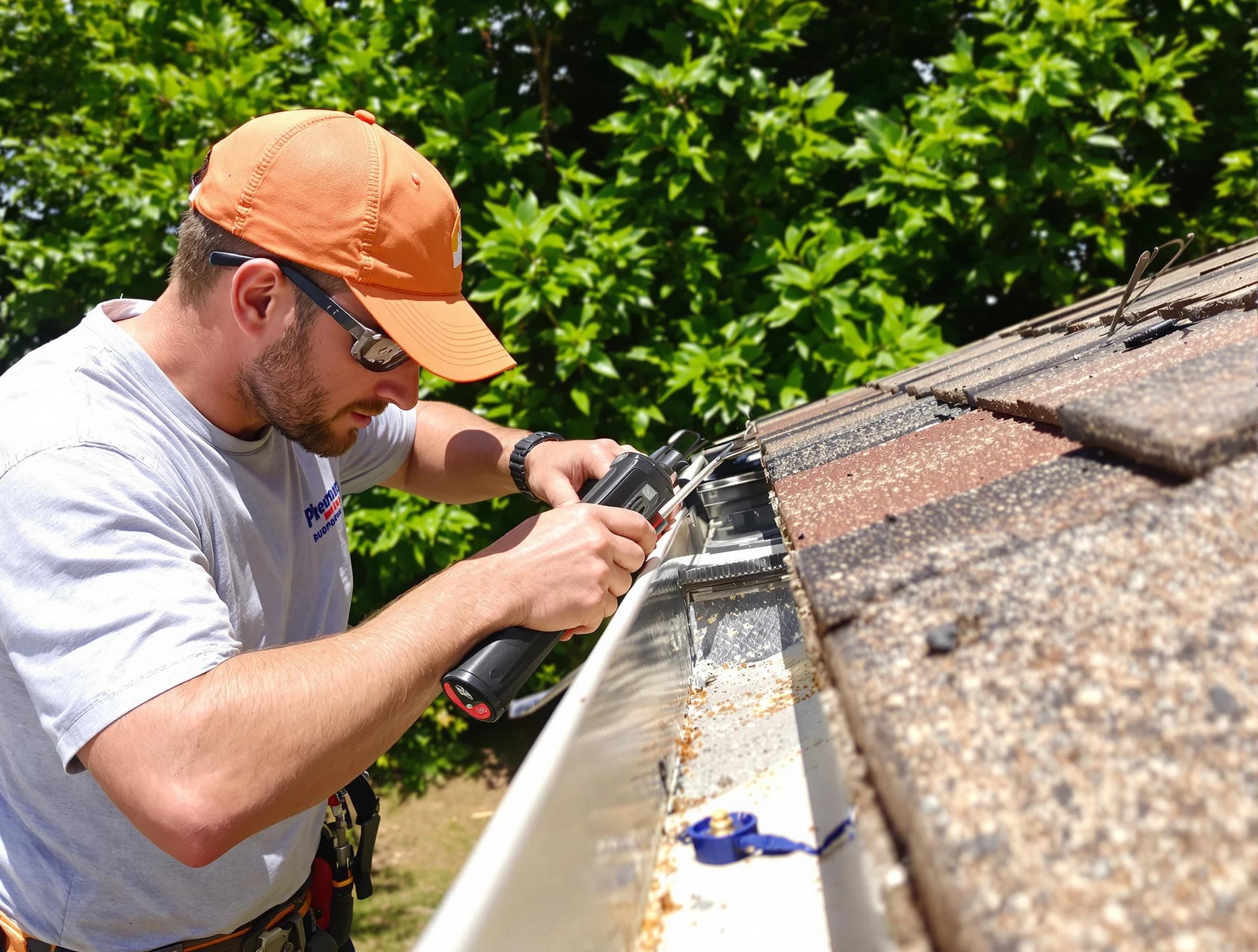 Elyria Roofing Company specialists conducting a gutter repair in Elyria, OH