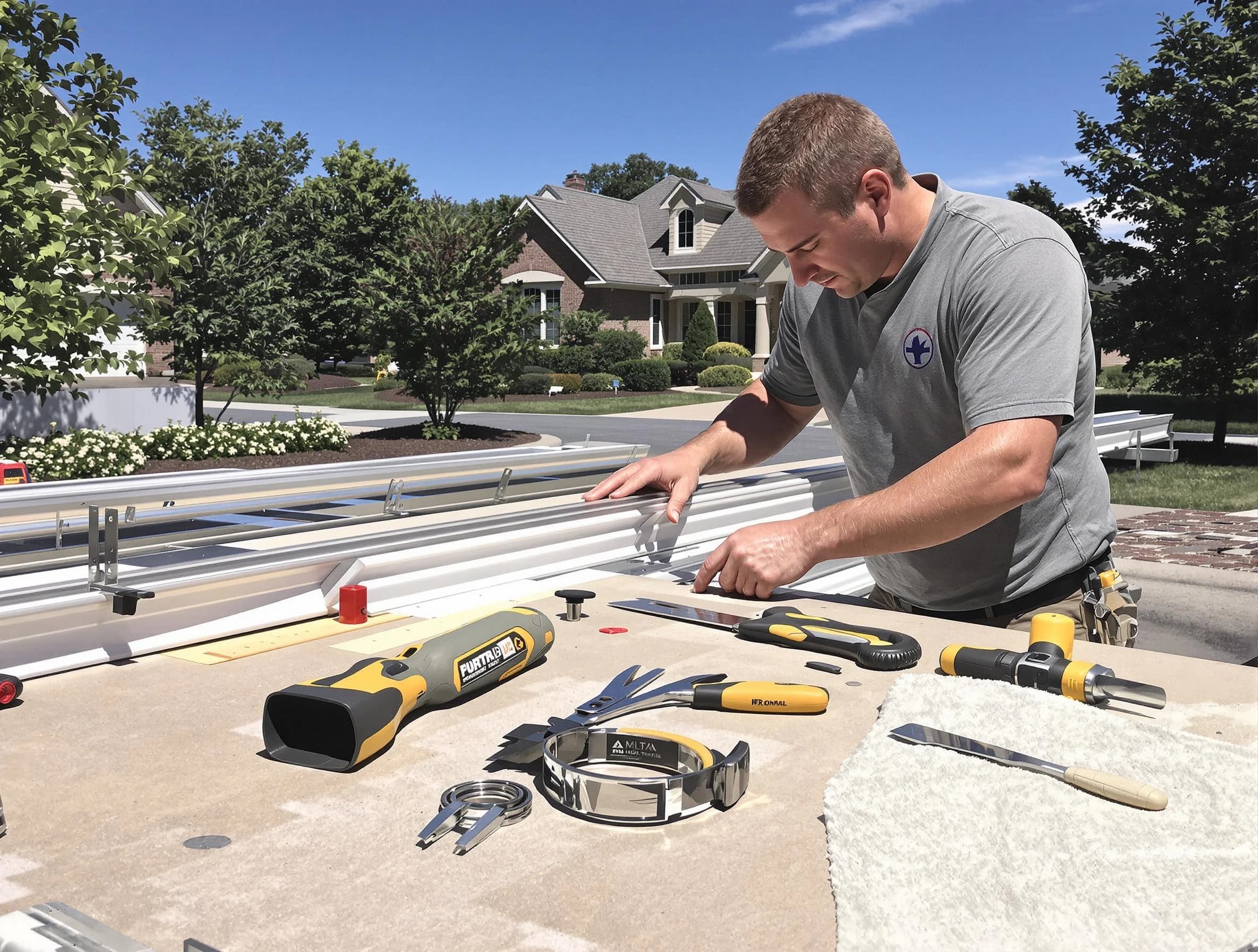 Freshly installed seamless gutter by Elyria Roofing Company in Elyria, OH