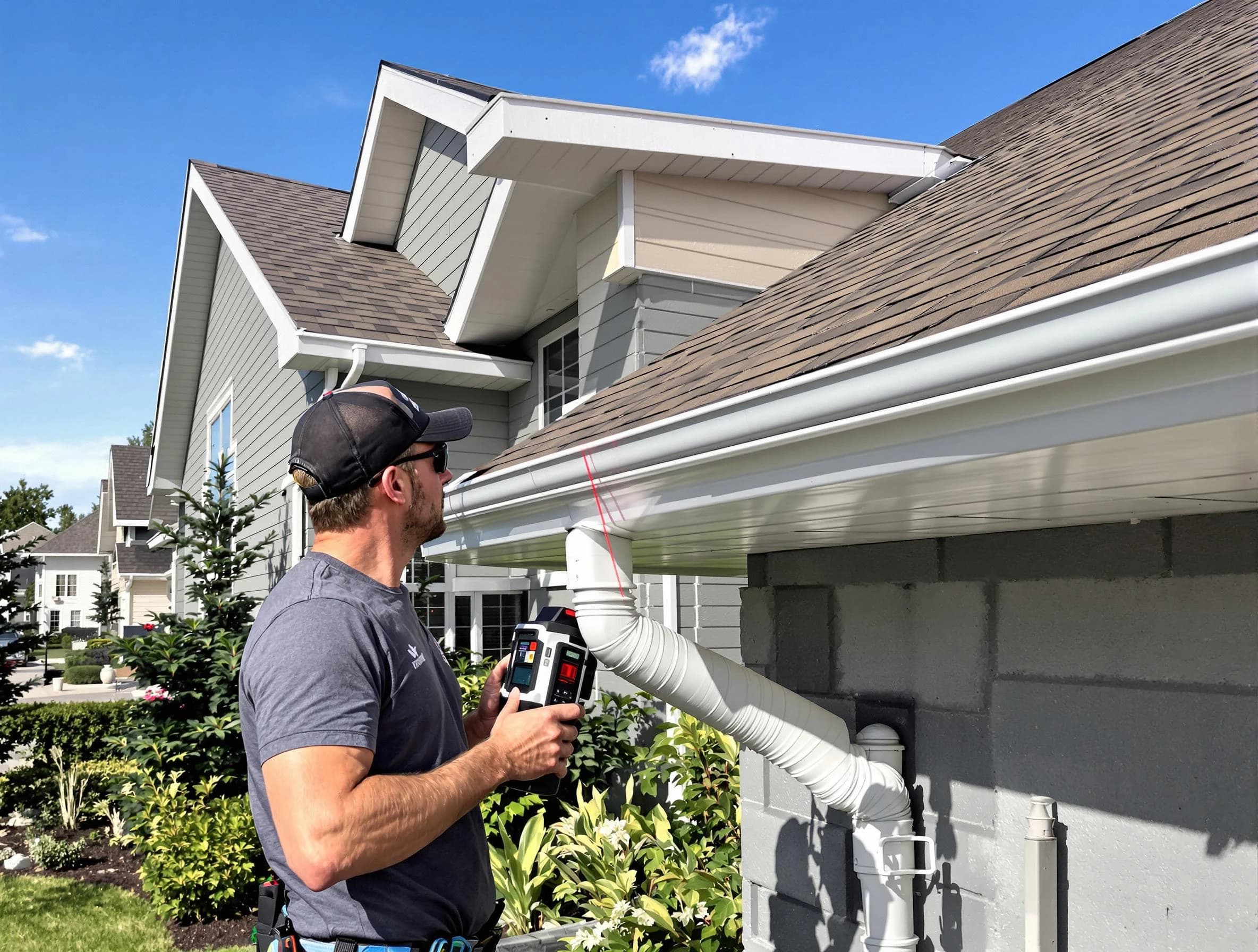 Elyria Roofing Company installing seamless gutters in Elyria, OH