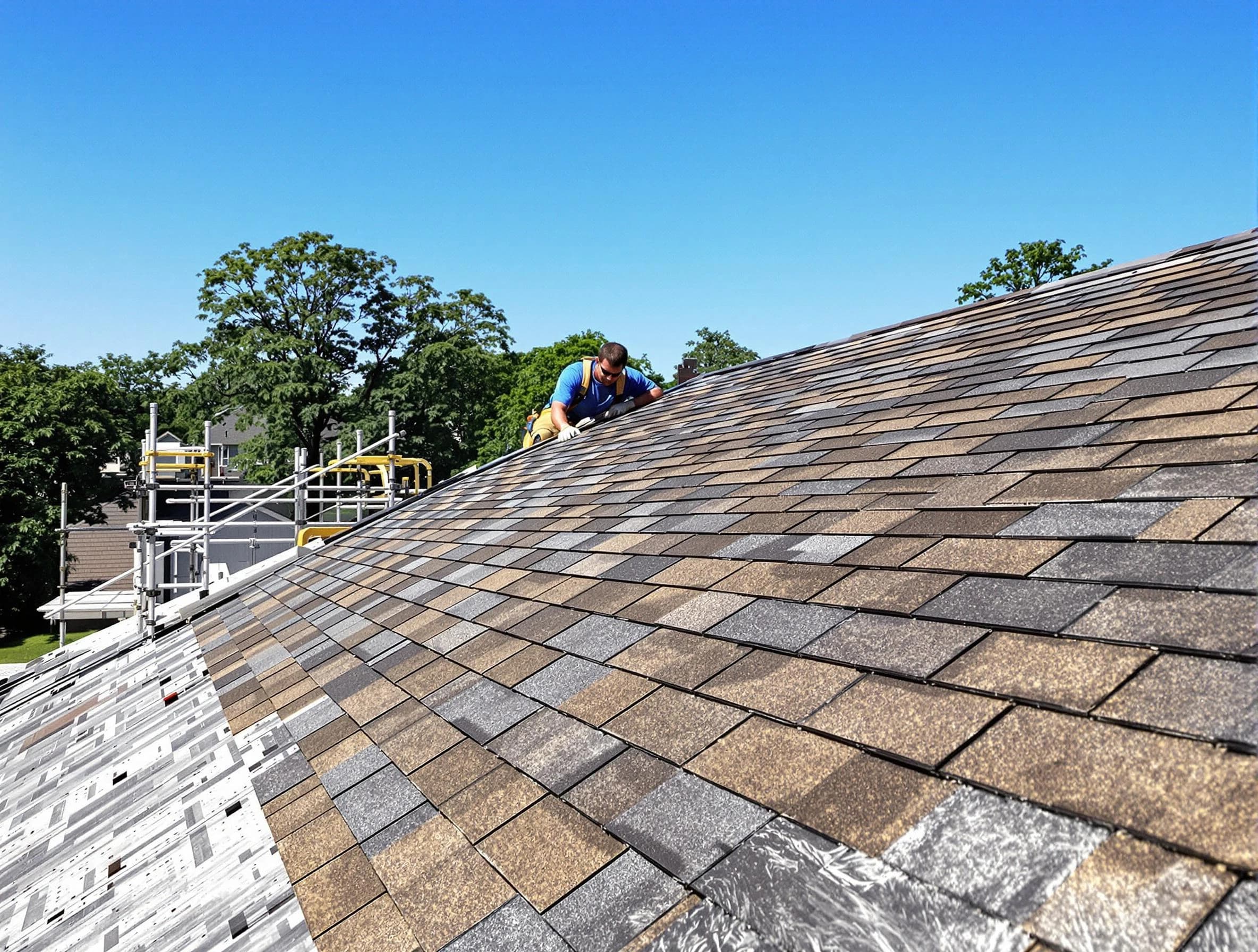 Close-up of new shingles installed by Elyria Roofing Company in Elyria, OH